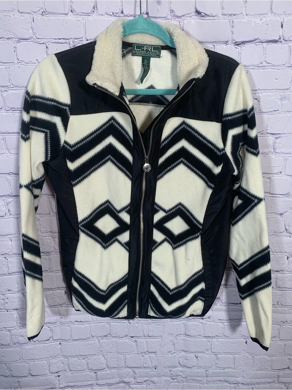 Lauren Ralph Lauren Womens Geometric Fleece Full Zip Jacket Cream Black Size M